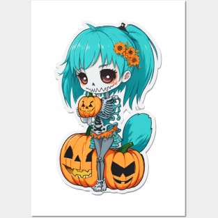 Halloween Skeleton Kawaii Girl Posters and Art